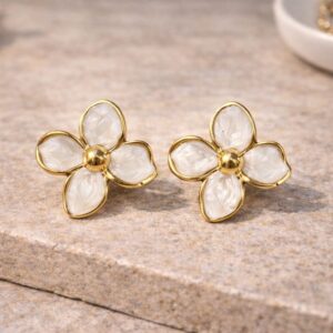White Floral Pearl Petal Stud Earrings