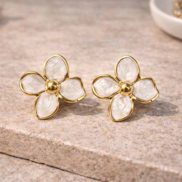 White Floral Pearl Petal Stud Earrings