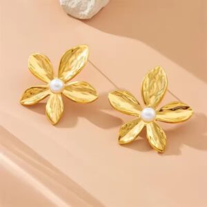 Golden Pearl Flower Stud Earrings