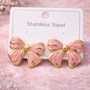 Pink Ribbon Bow Stud Earrings