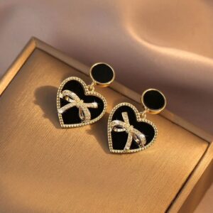 Black Heart Bow Dangle Earrings